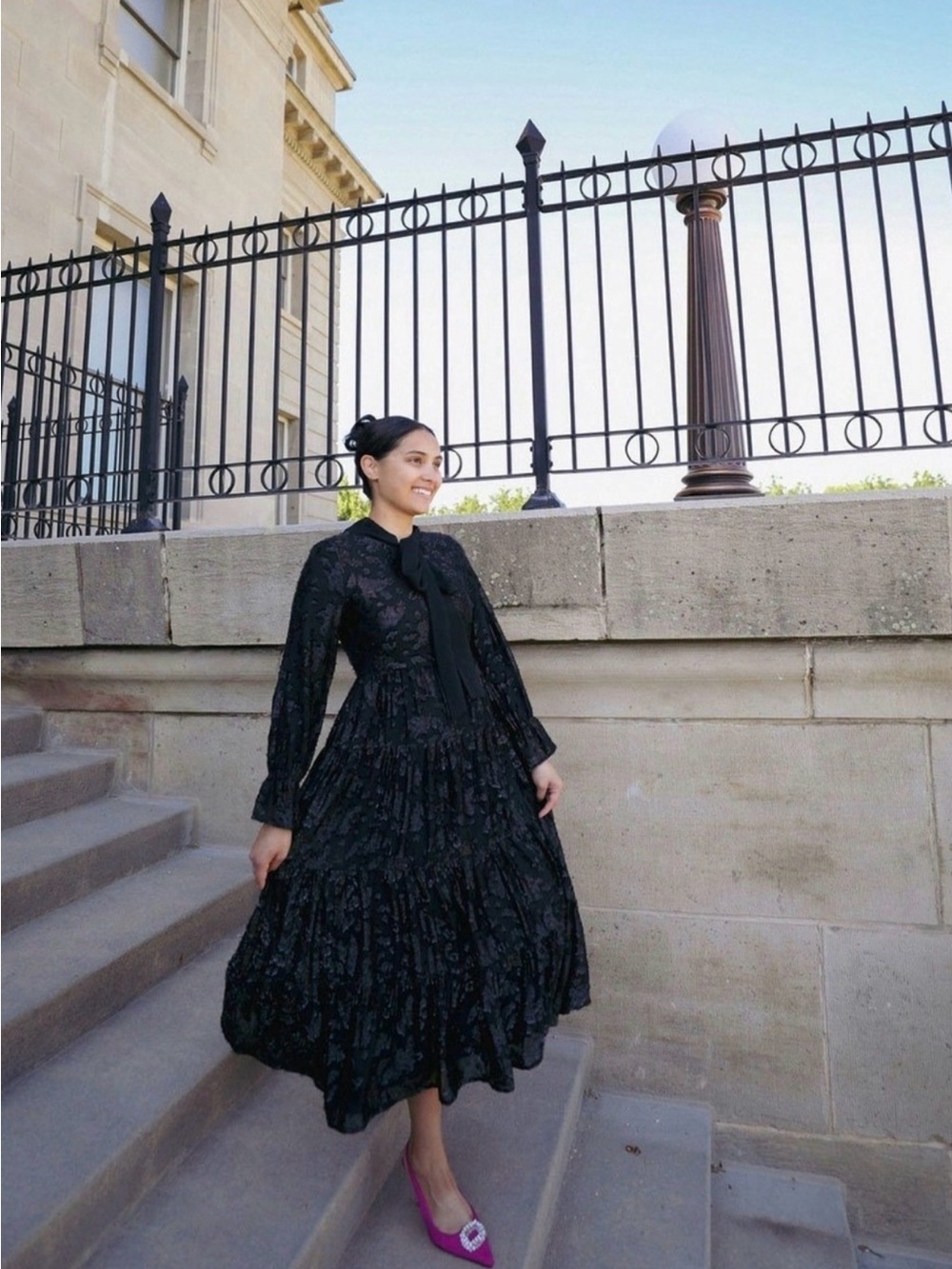 Dainty Jewells Black Long-Sleeve Maxi Dress with Neck Bow